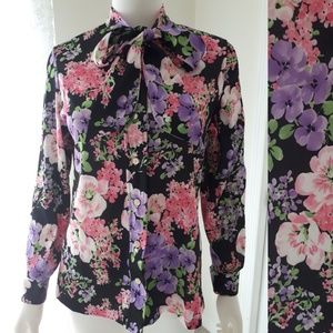 Vintage 1970's Pussy Bow Flower Shirt Blouse